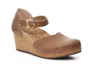 Birkenstock Papillio Mary Wedge Sandals EU 41 Cognac Oiled Leather Ring Buckle
